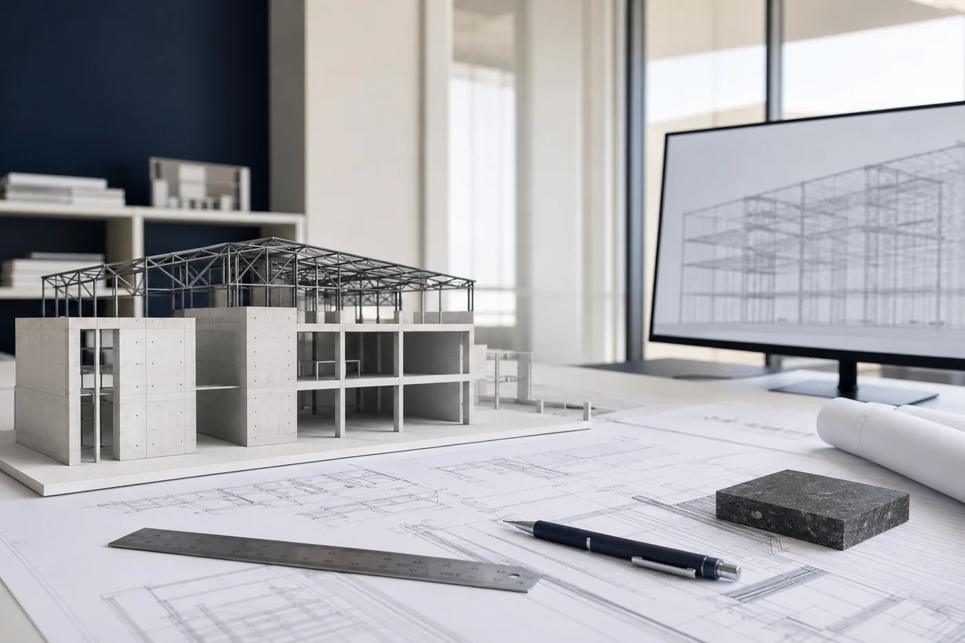 Table de travail d’ingénierie : plans de structure, croquis et modèle de calcul à l’écran