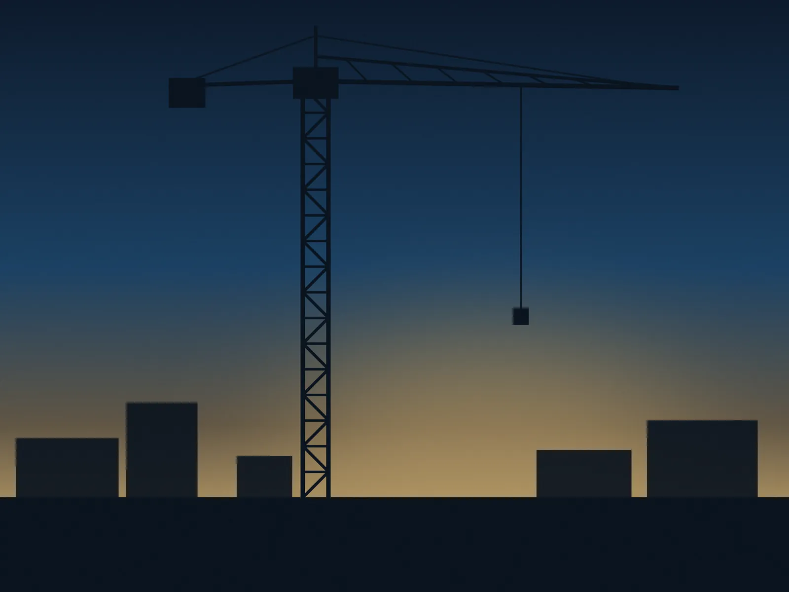 Grue à tour en silhouette au crépuscule, bâtiments en arrière-plan