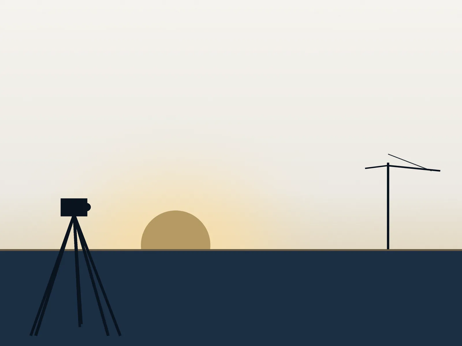 Aube sur un horizon de chantier : soleil bas, grue lointaine, trépied de géomètre