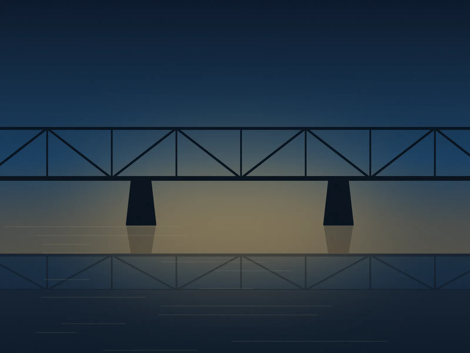 Passerelle en treillis au crépuscule, reflet sur l’eau