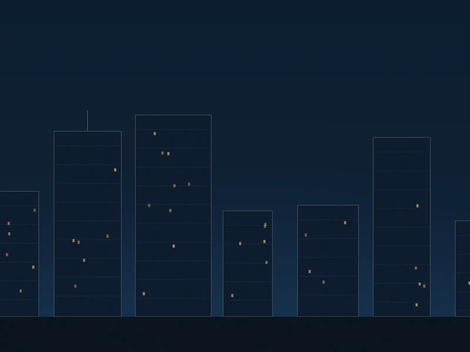 Silhouettes de bâtiments filaires dans la nuit, fenêtres ponctuelles — illustration éditoriale